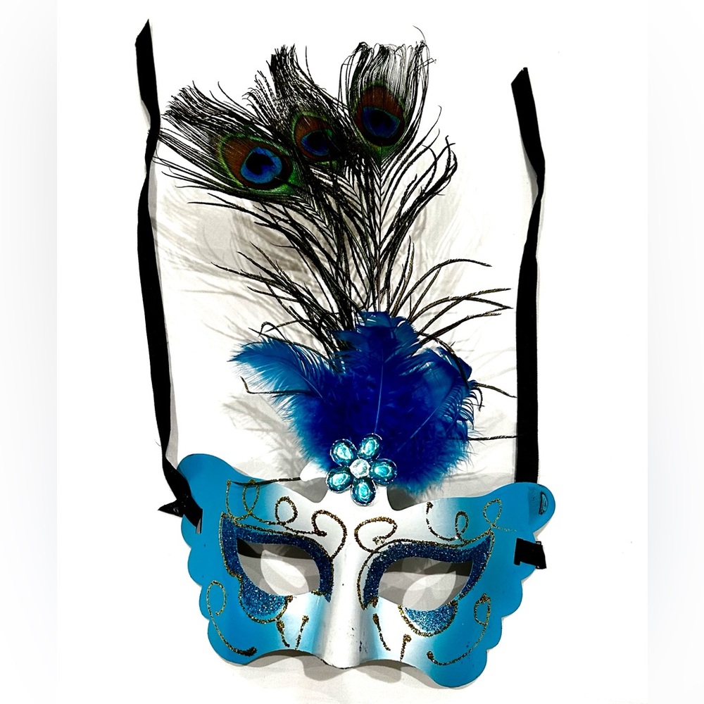 Unisex Glitter blue/white Halloween Mask with Peacock feathers and rhinestones